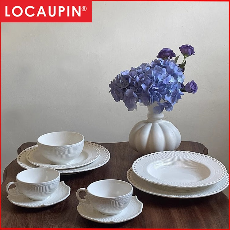 Locaupin Pure White Ceramic Dinnerware, Round Serving Bowls, Tableware for Steak, Salad Pasta Bowls Dinner Sets