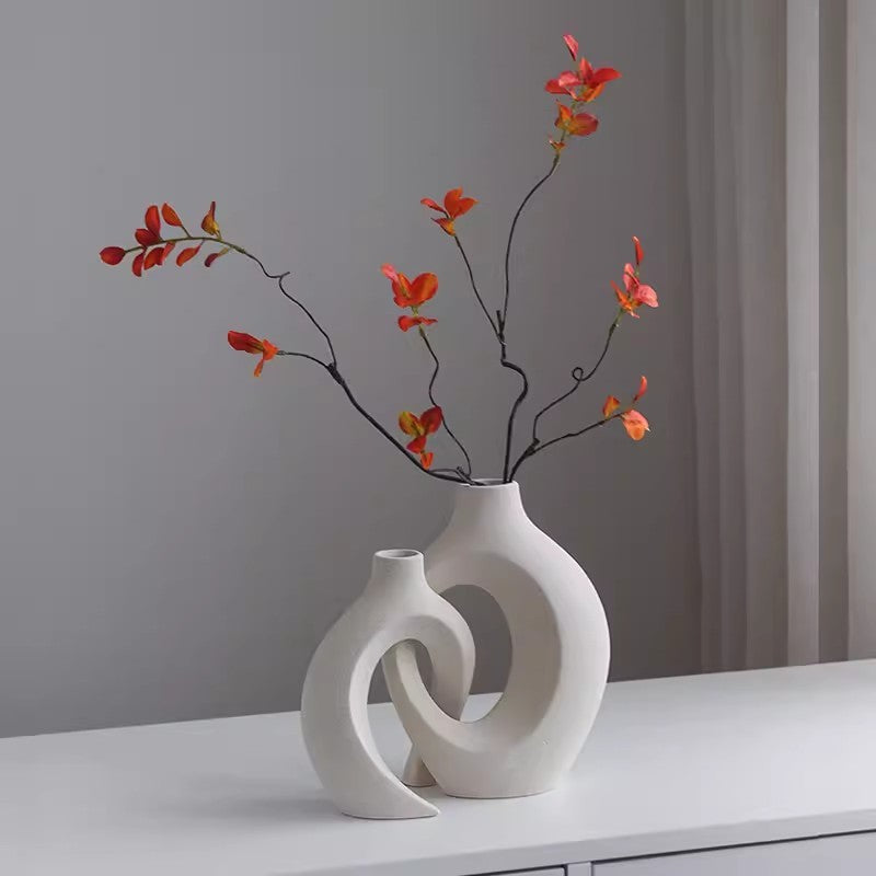 Locaupin White Hollow Ceramic Vase Set of 2, Round Modern Vase for Nordic Minimalist Book Style Shelf Decor