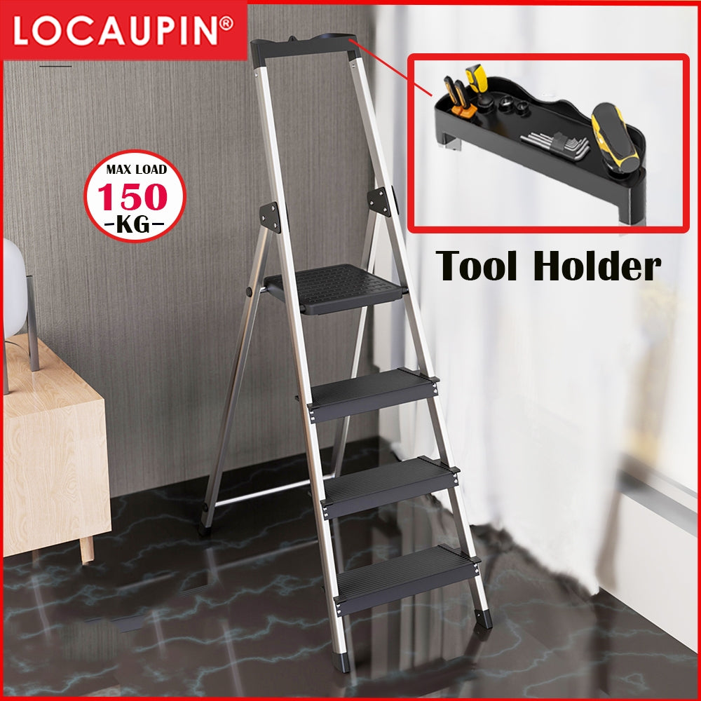 Locaupin 4 Steps Ladder Black Aluminum Lightweight Folding with Anti-Slip & Wide Pedal for Home and Kitchen Space Saving