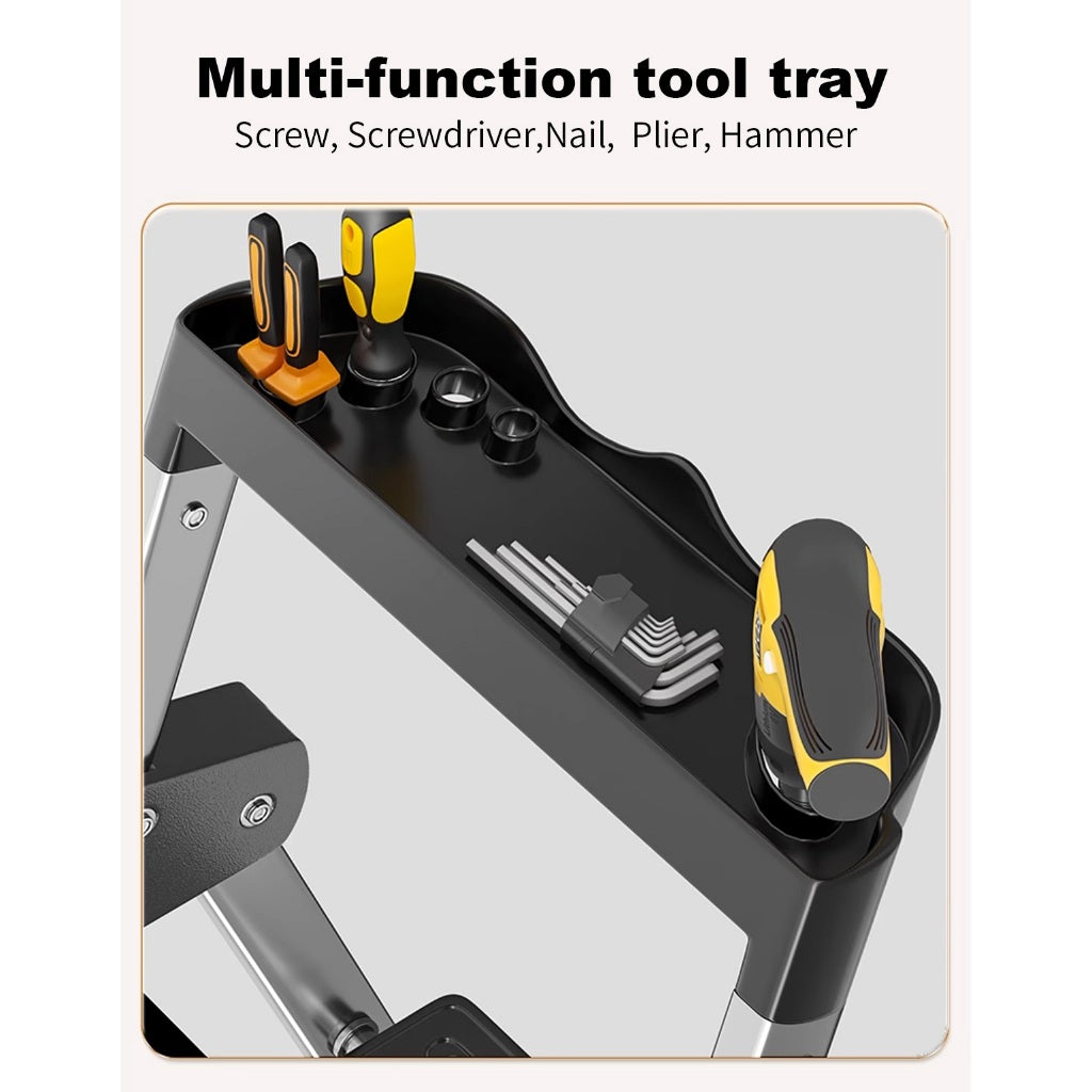 Locaupin 4 Steps Ladder Black Aluminum Lightweight Folding with Anti-Slip & Wide Pedal for Home and Kitchen Space Saving