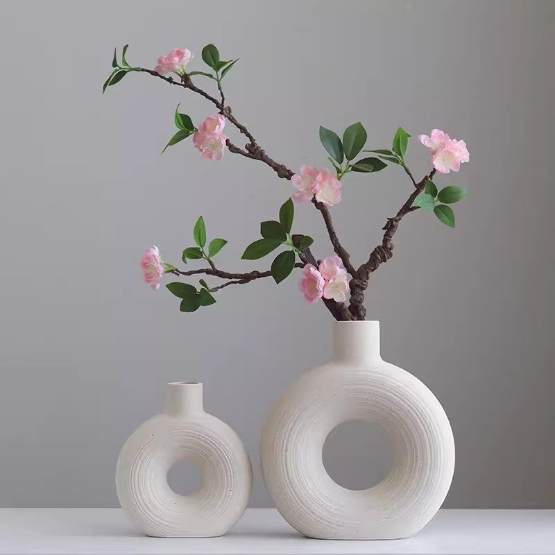 Locaupin White Ceramic Vase Modern Home Decor, Hollow Round Matte Pampas Flower Vases