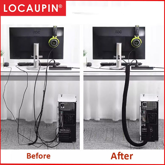 Locaupin Hook and Loop Cable Sleeve Black Cut to Size Cord Organizer and Cable Protector Flexible Cable Wrap Cover
