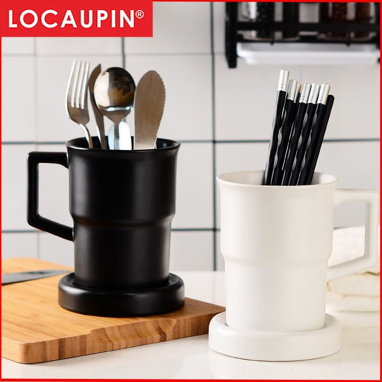 Locaupin Kitchen Utensil Holder Ceramic Utensil Organizer with Drain Hole for Spoons Forks Cutlery Spatulas
