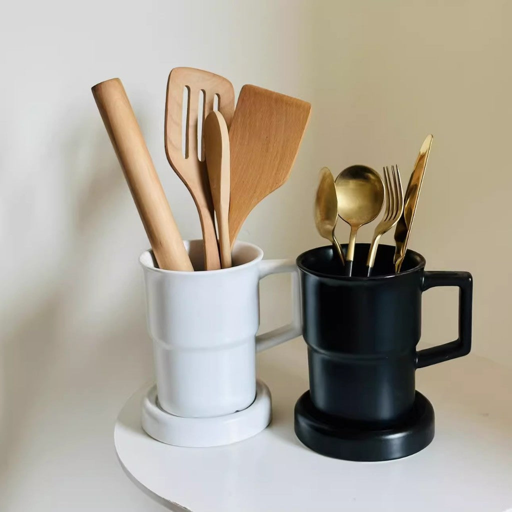Locaupin Kitchen Utensil Holder Ceramic Utensil Organizer with Drain Hole for Spoons Forks Cutlery Spatulas