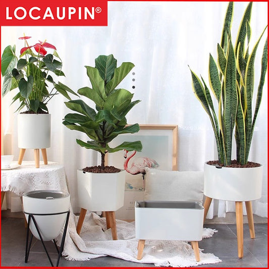 Locaupin Planter with Stand Self Watering Plant Pot with Wood Legs Water Inlet & Water Level Indicator Lazy Flower Pot