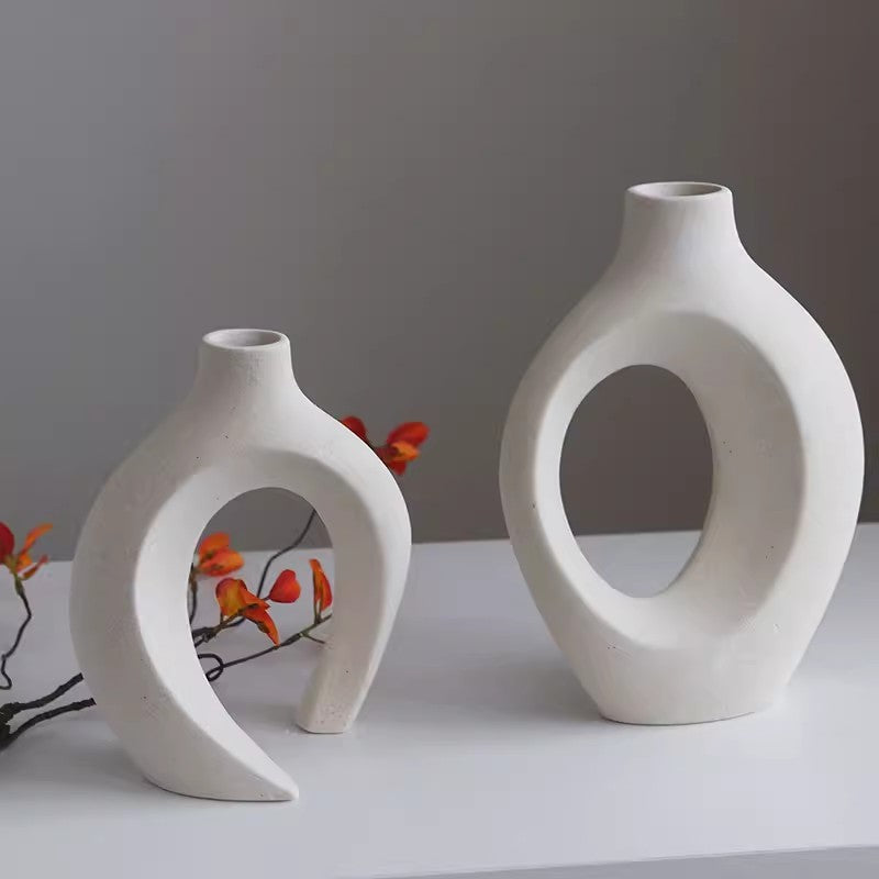 Locaupin White Hollow Ceramic Vase Set of 2, Round Modern Vase for Nordic Minimalist Book Style Shelf Decor
