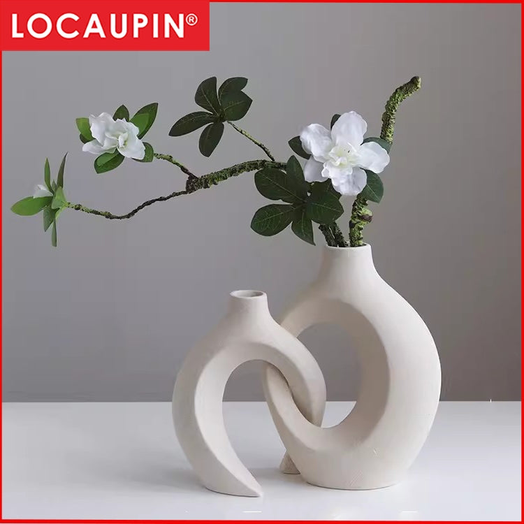 Locaupin White Hollow Ceramic Vase Set of 2, Round Modern Vase for Nordic Minimalist Book Style Shelf Decor