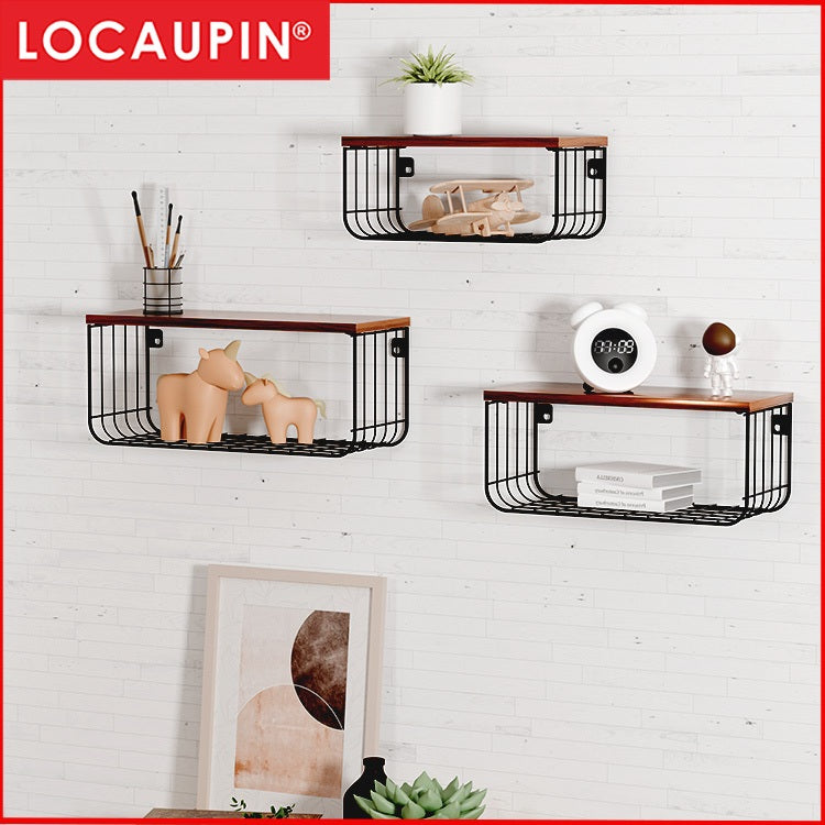 Locaupin Set of 3pcs Wall Mounted Shelves, 2Tier Decorative Shelf, Storage Wall Shelves with Metal Baskets