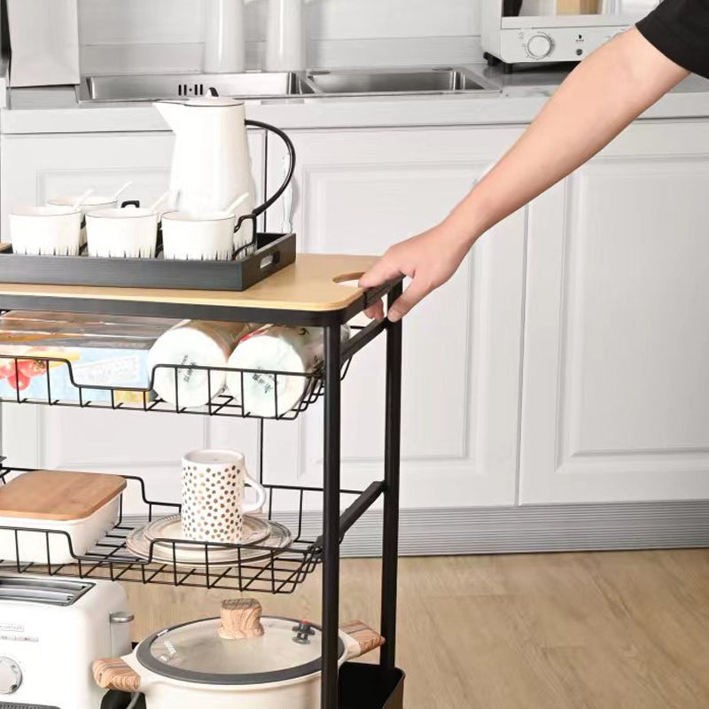 LOCAUPIN 4-Tier Flat Top Rolling Kitchen Serving Utility Cart on Wheels Storage Shelf with Wooden Table