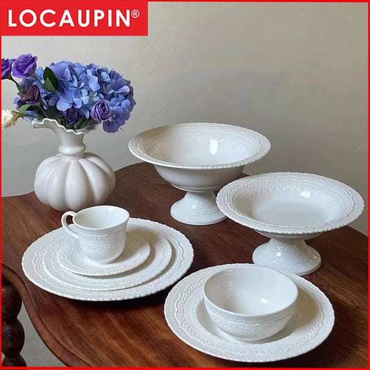 Locaupin Pure White Ceramic Dinnerware, Round Serving Bowls, Tableware for Steak, Salad Pasta Bowls Dinner Sets
