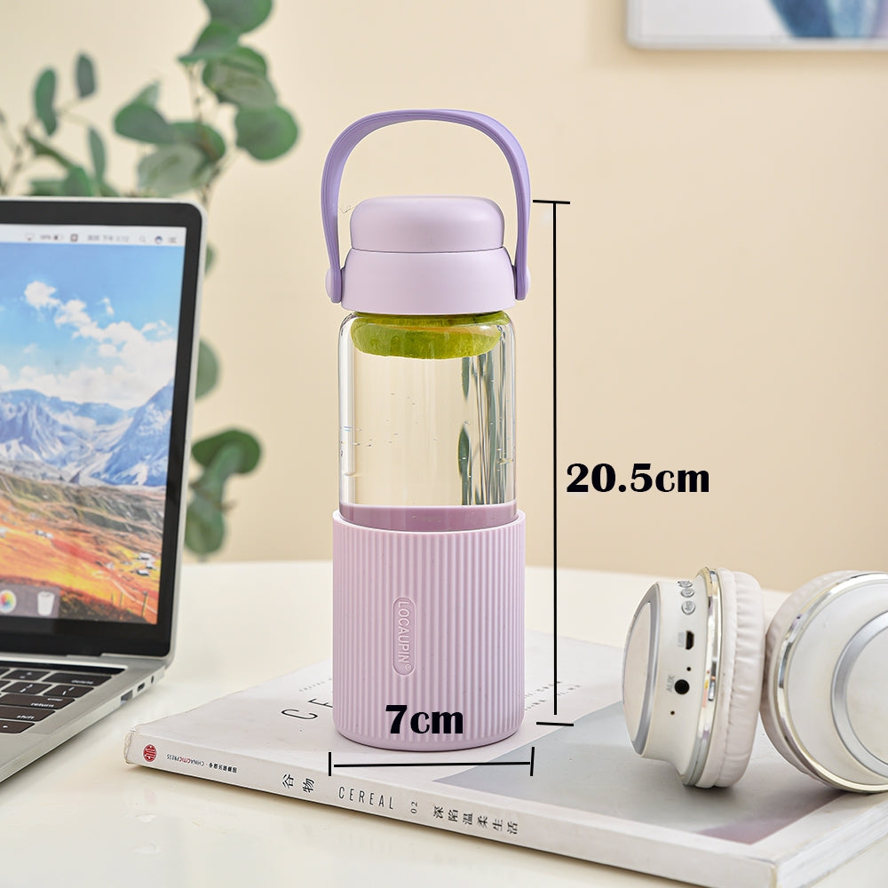 Locaupin Glass Water Bottles with Silicone Sleeve, BPA-Free,with Handle and Filter Tea Bottle,Portable Travel tea Bottle