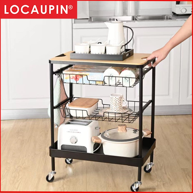 LOCAUPIN 4-Tier Flat Top Rolling Kitchen Serving Utility Cart on Wheels Storage Shelf with Wooden Table