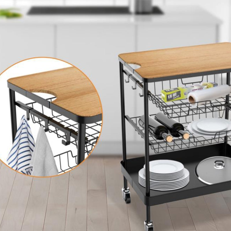 LOCAUPIN 4-Tier Flat Top Rolling Kitchen Serving Utility Cart on Wheels Storage Shelf with Wooden Table