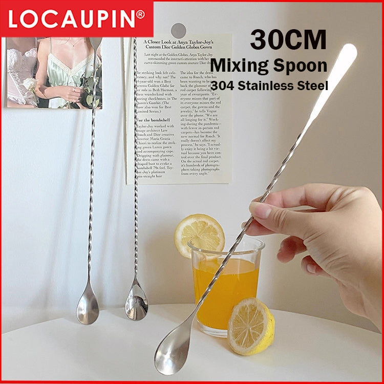 Locaupin 25/30cm 304 Stainless Steel Spoon for Cocktail Mixing Spoon with Spiral Handle Silver