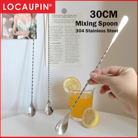 Locaupin 25/30cm 304 Stainless Steel Spoon for Cocktail Mixing Spoon with Spiral Handle Silver