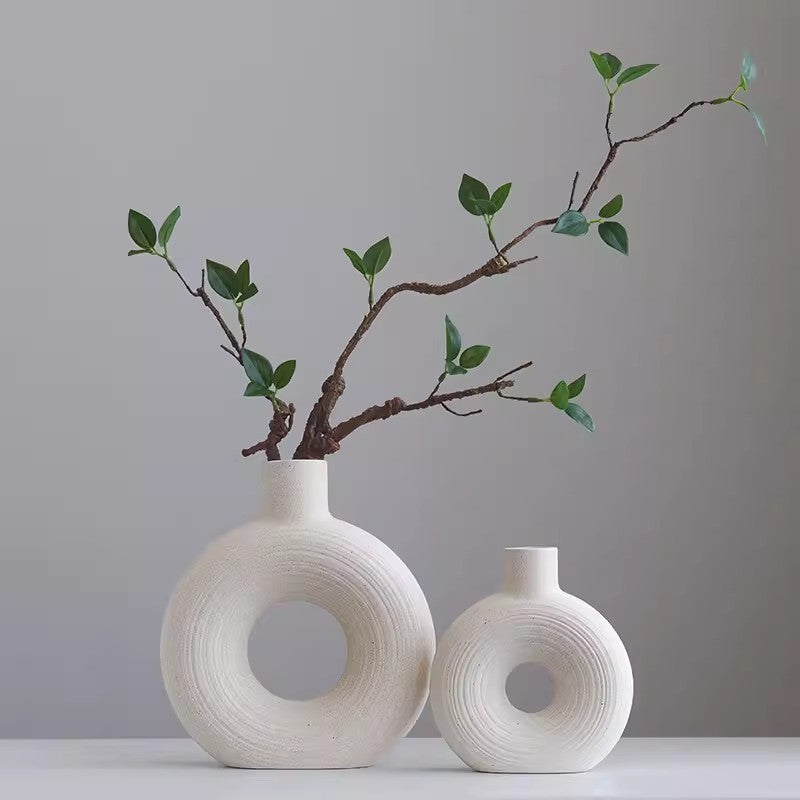 Locaupin White Ceramic Vase Modern Home Decor, Hollow Round Matte Pampas Flower Vases
