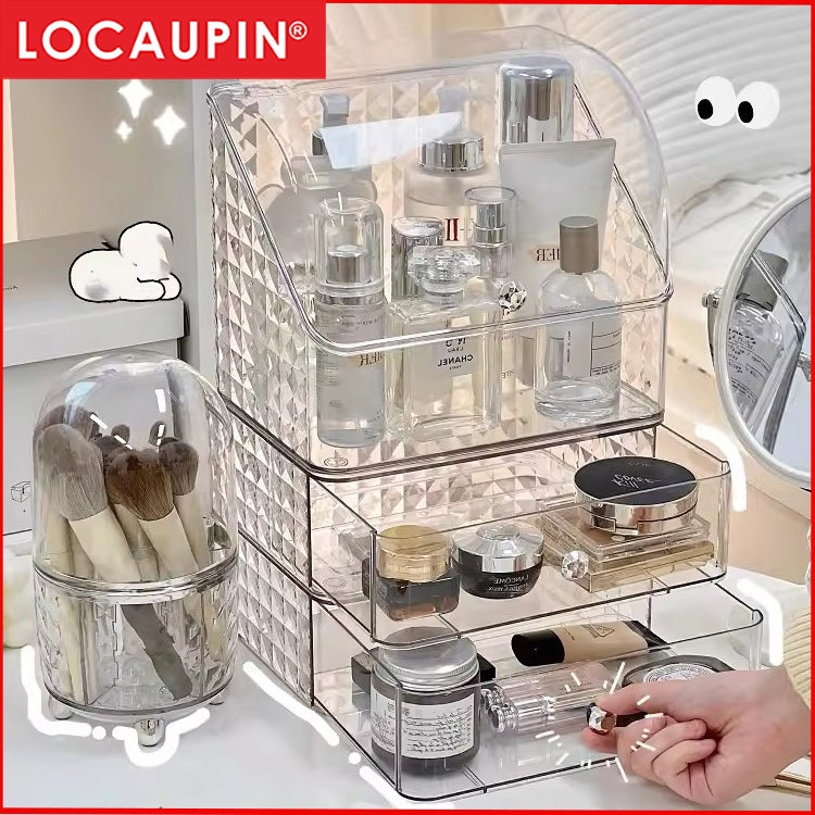 Locaupin Makeup Organizer with Brush Holder Clear Drawer, Stand for Lipsticks, Eyeshadow, Nail Polish Jewelry Skincare