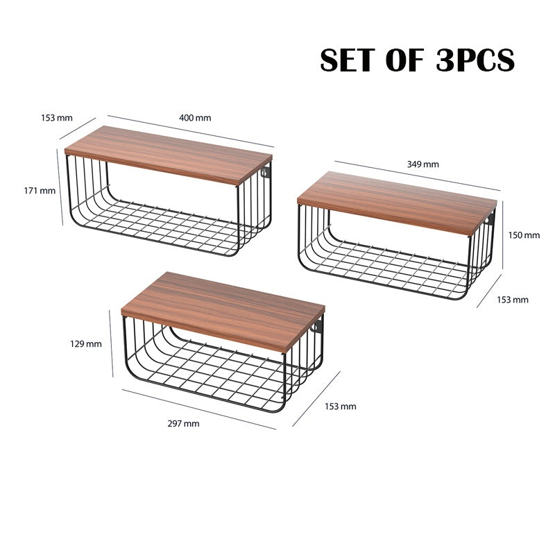Locaupin Set of 3pcs Wall Mounted Shelves, 2Tier Decorative Shelf, Storage Wall Shelves with Metal Baskets