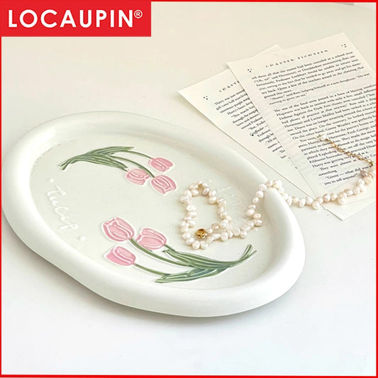 Locaupin Jewelry Dish Trinket Tray, Entryway Table Key Dish Tray, Unique Ceramic Plate, Decor Ceramic Tray Gift