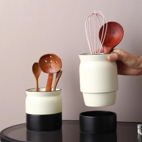 Locaupin Kitchen Utensil Holder Ceramic Utensil Organizer with Drain Hole for Spoons Forks Cutlery Spatulas