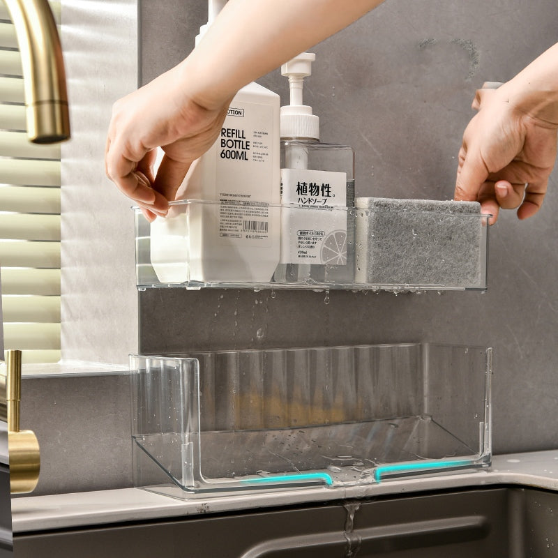 Locaupin Sponge Holder for Kitchen Sink Kitchen Sink Organizer Plastic Sink Caddy with Divider Sponge Holder Auto Drain