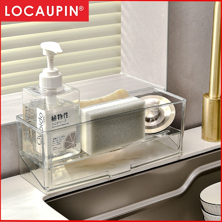Locaupin Sponge Holder for Kitchen Sink Kitchen Sink Organizer Plastic Sink Caddy with Divider Sponge Holder Auto Drain