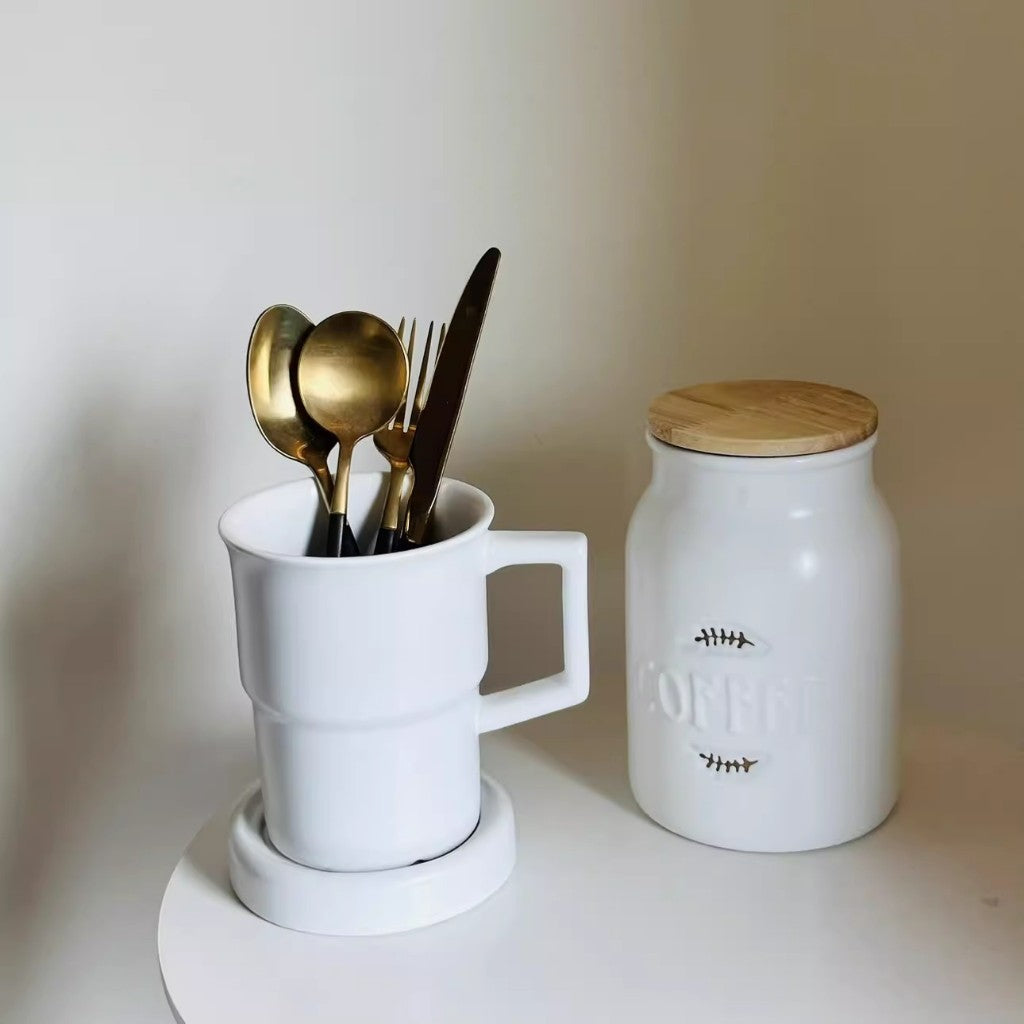 Locaupin Kitchen Utensil Holder Ceramic Utensil Organizer with Drain Hole for Spoons Forks Cutlery Spatulas