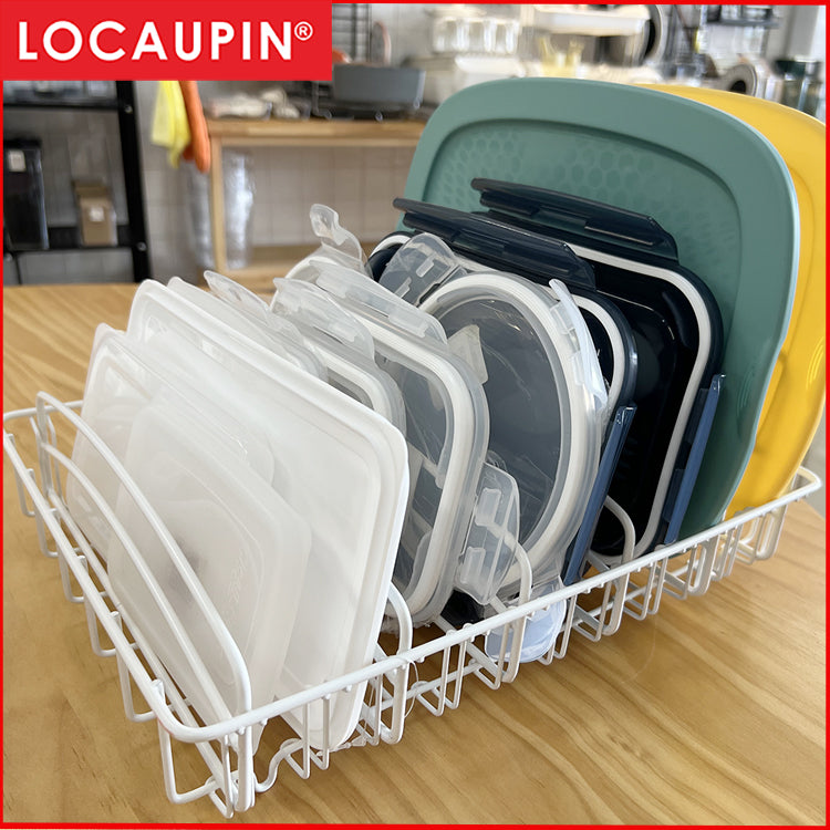 Locaupin Food Container Lid Organizer, Container Cover Metal Storage Basket,Tableware Organizer,Drinkware Storage Basket