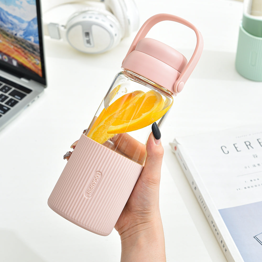 Locaupin Glass Water Bottles with Silicone Sleeve, BPA-Free,with Handle and Filter Tea Bottle,Portable Travel tea Bottle
