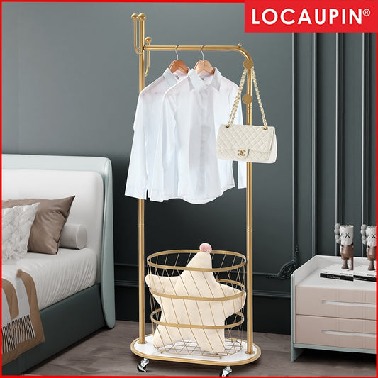 Locaupin Coat Rack with Storage Basket, Freestanding Coat Hanger Stand Hall Tree with 4 Hooks, for Office, Bedroom