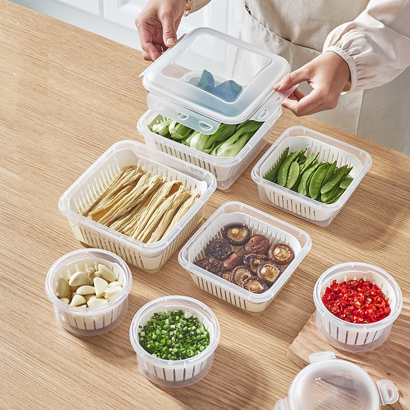 Locaupin Food Storage Containers Stackable Refrigerator Organizer Bins with Lids with Removable Compartment Basket