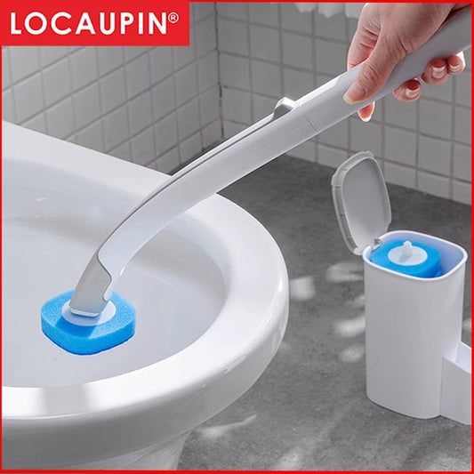 Locaupin Disposable Toilet Brush 360°Rotatable Household Long Handle Cleaning Brush Replaceable Sponge Scentless Cleaner