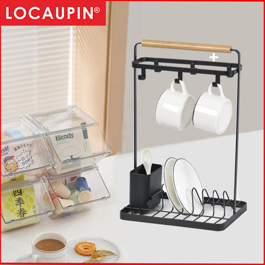 Locaupin Cups Holder Coffee Cup Shelf for Counter,  Mug Stand Organizer with 6 Sturdy Hooks,Plate and Spoon Holder