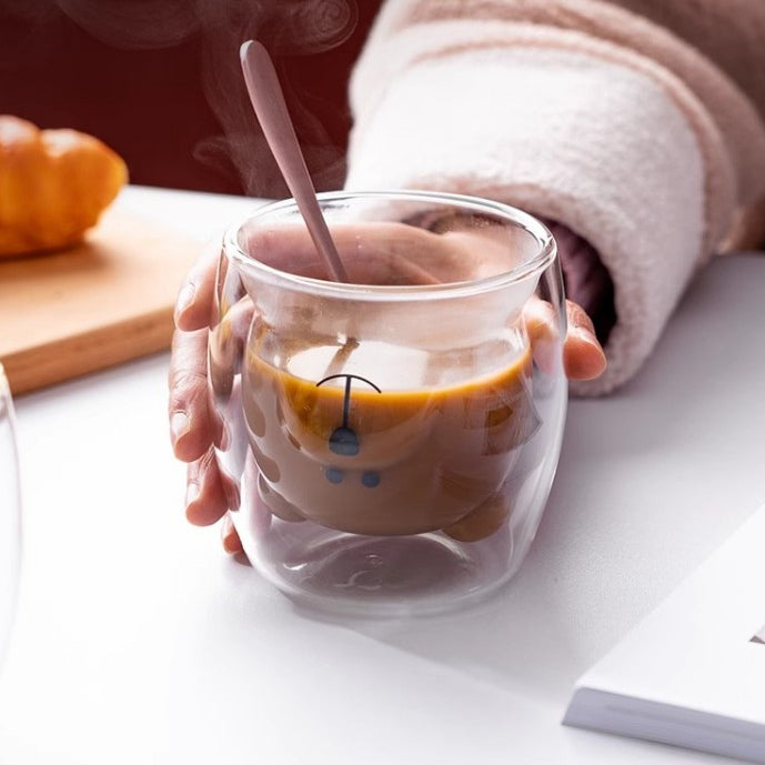 Locaupin Bear Mugs Cute Mugs Coffee Cup Double Wall Insulated Glass Espresso Cups for Birthday Christmas Valentine's Day