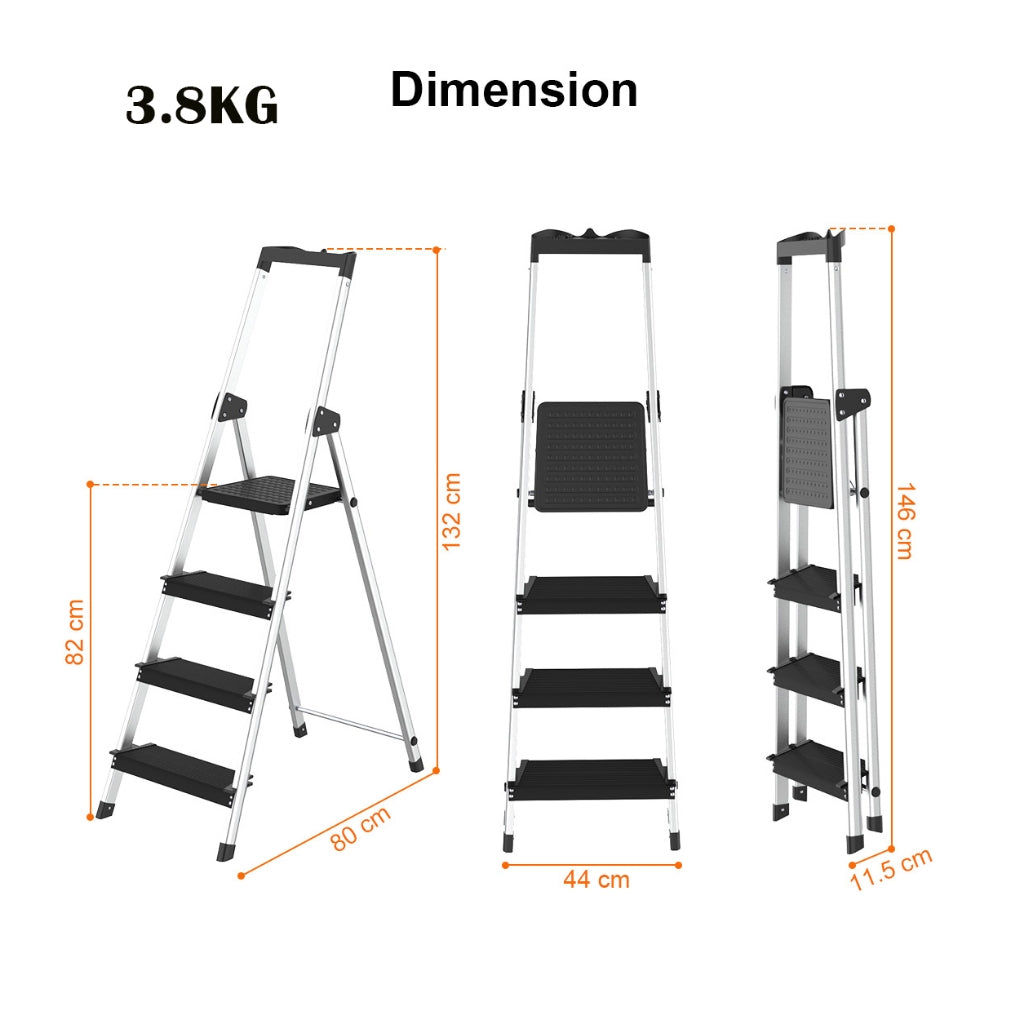 Locaupin 4 Steps Ladder Black Aluminum Lightweight Folding with Anti-Slip & Wide Pedal for Home and Kitchen Space Saving