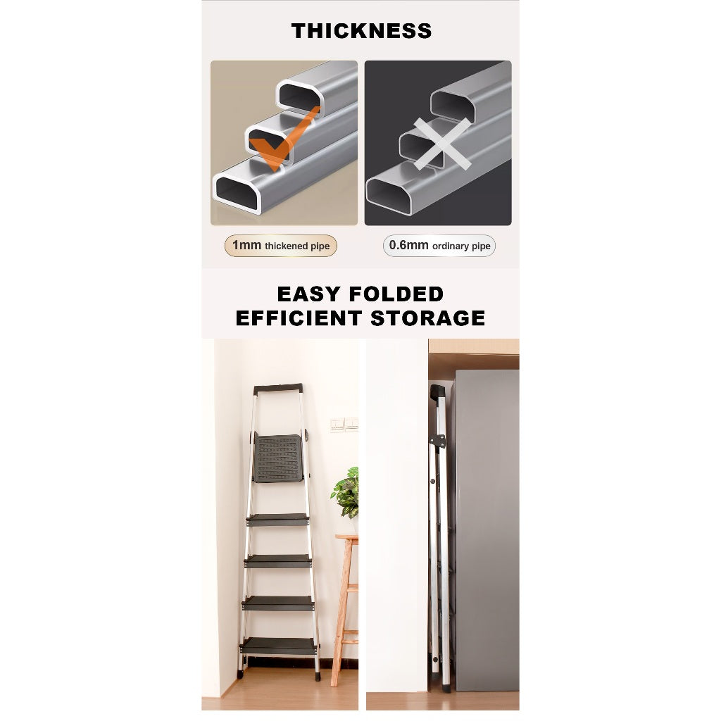Locaupin 4 Steps Ladder Black Aluminum Lightweight Folding with Anti-Slip & Wide Pedal for Home and Kitchen Space Saving