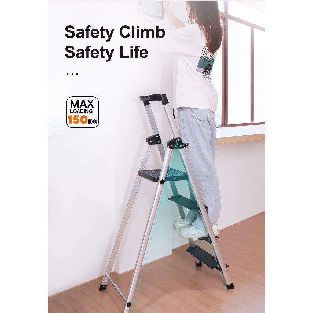 Locaupin 4 Steps Ladder Black Aluminum Lightweight Folding with Anti-Slip & Wide Pedal for Home and Kitchen Space Saving