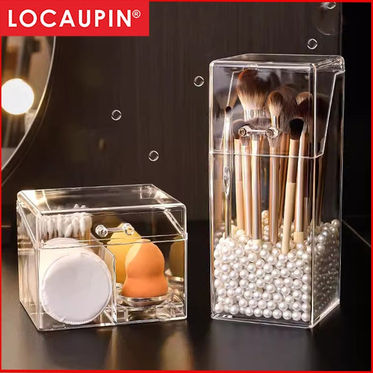 Locaupin Makeup Brush Storage Box,Desktop Pen Holder with Cover Stationery Storage organizer, Face Mask Organizer