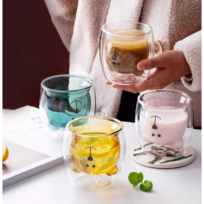 Locaupin Bear Mugs Cute Mugs Coffee Cup Double Wall Insulated Glass Espresso Cups for Birthday Christmas Valentine's Day
