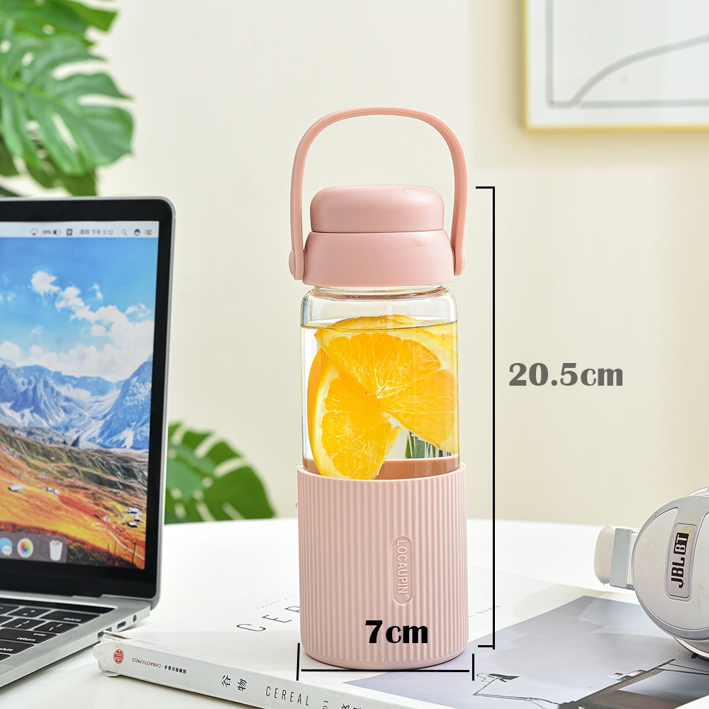 Locaupin Glass Water Bottles with Silicone Sleeve, BPA-Free,with Handle and Filter Tea Bottle,Portable Travel tea Bottle