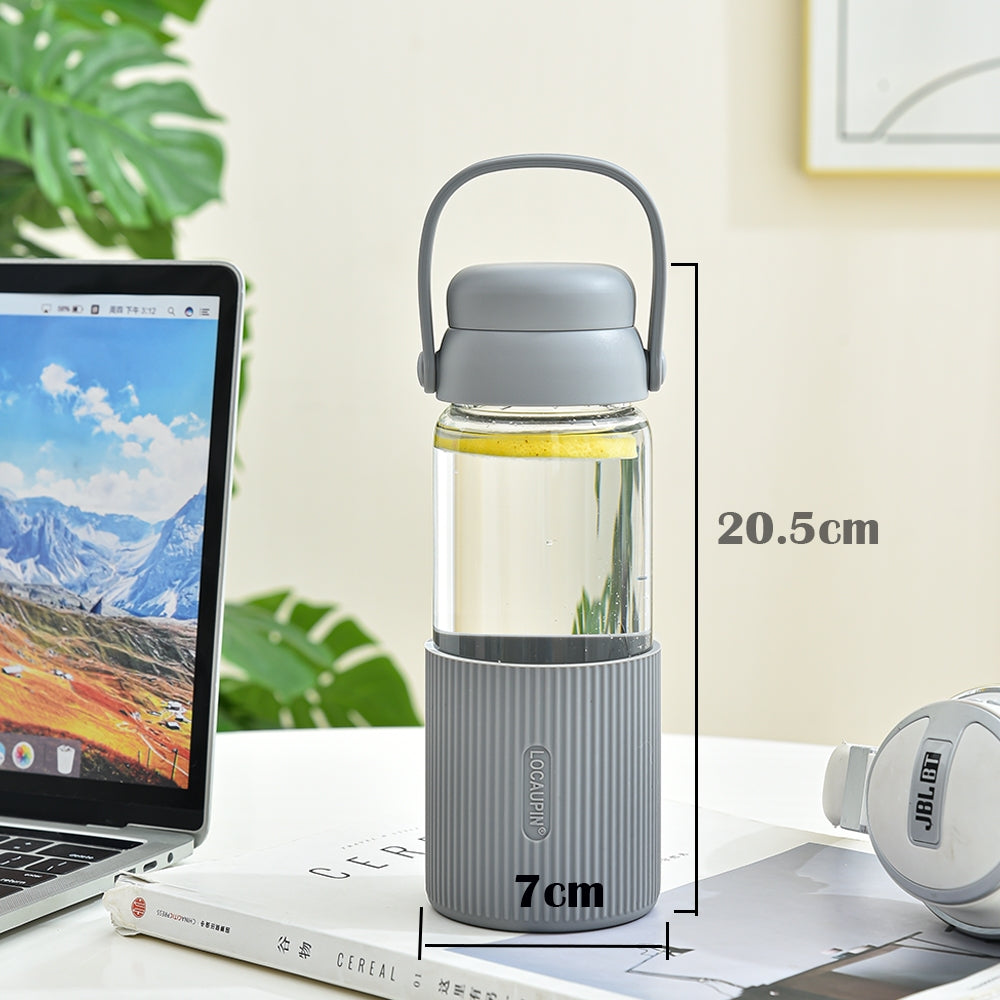 Locaupin Glass Water Bottles with Silicone Sleeve, BPA-Free,with Handle and Filter Tea Bottle,Portable Travel tea Bottle