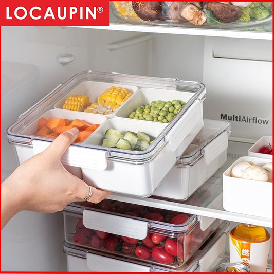 Locaupin BPA FREE Square Plastic Divided Serving Tray with Lids, 4 Individual Dishes Food Storage Containers, Serving