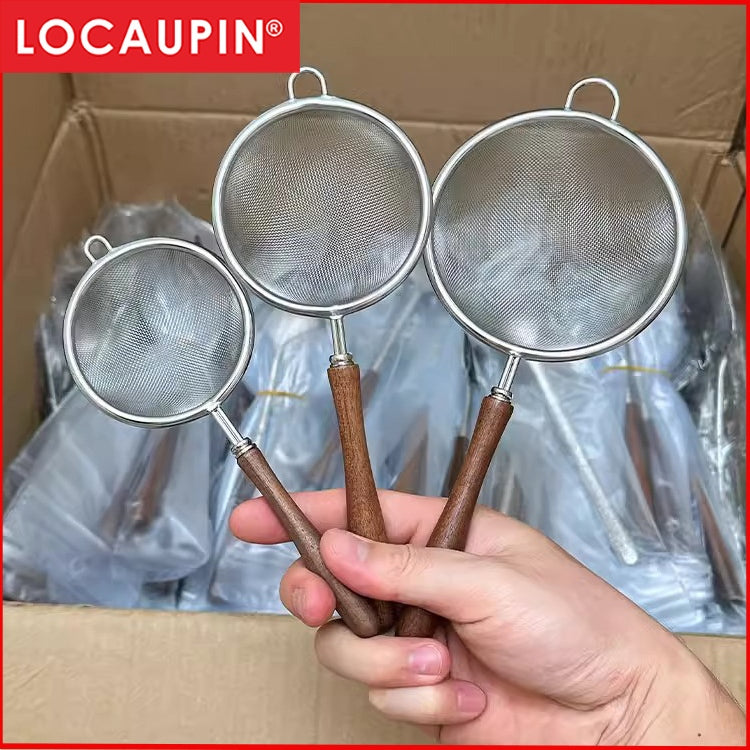 Locaupin Stainless Steel Fine Tin Mesh Strainer Food Strainer with Wood Long Handles for Tea, Coffee, Food