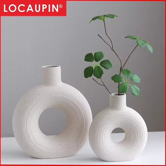 Locaupin White Ceramic Vase Modern Home Decor, Hollow Round Matte Pampas Flower Vases