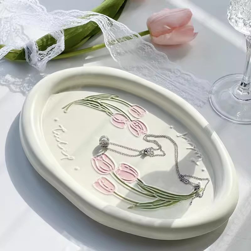 Locaupin Jewelry Dish Trinket Tray, Entryway Table Key Dish Tray, Unique Ceramic Plate, Decor Ceramic Tray Gift