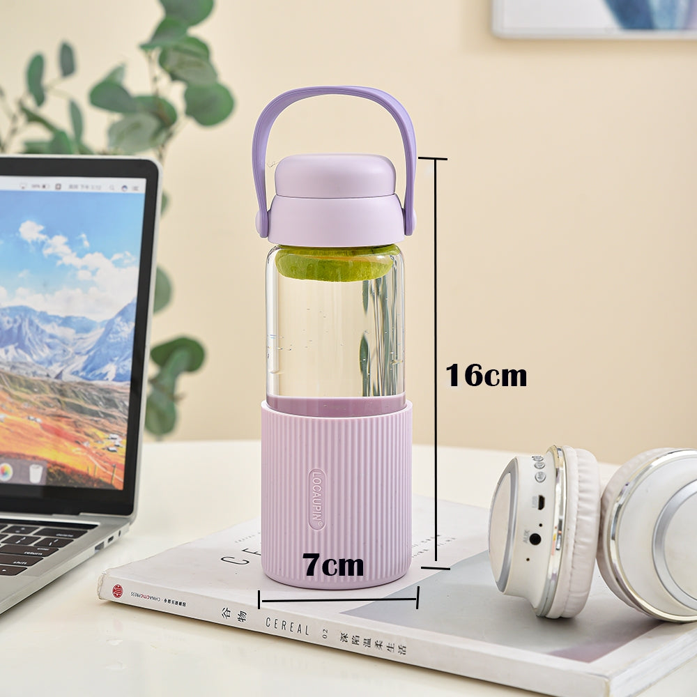 Locaupin Glass Water Bottles with Silicone Sleeve, BPA-Free,with Handle and Filter Tea Bottle,Portable Travel tea Bottle