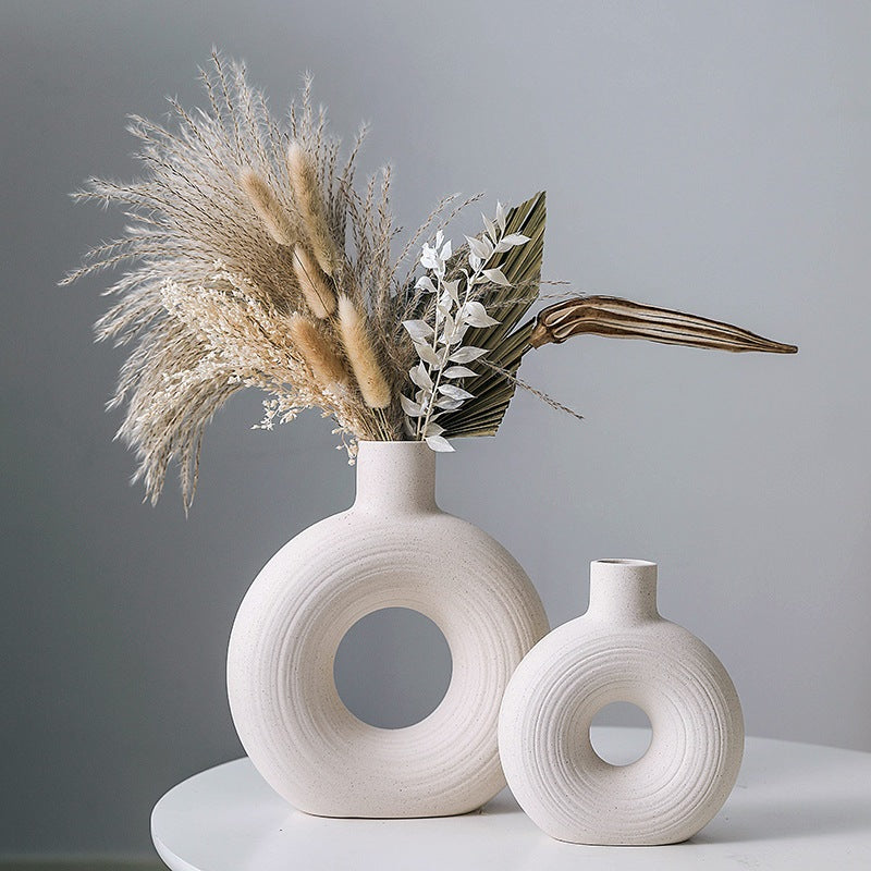 Locaupin White Ceramic Vase Modern Home Decor, Hollow Round Matte Pampas Flower Vases