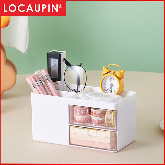 Locaupin white Desktop Organizer ,Makeup Organizer with Brush Holder Clear Drawer, for Small Tools Storage