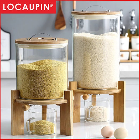 Locaupin Glass Rice Dispenser, Rice Storage Container,Flour and Cereal Container with Airtight Lid and Wooden Stand