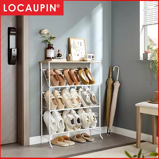 Locaupin 4-Tier Shoe Rack Storage Organizer, Narrow Shoe Rack Shelves,with Wood Top Board Space Saving Free Standing